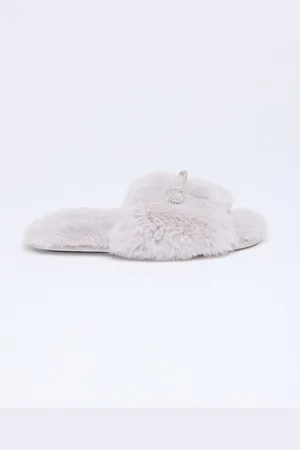 Boux Avenue Grey Bow Embellished Slider Slippers UK 3