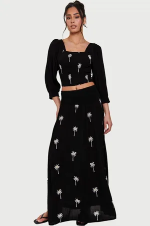 South Beach Palm Tree Embroidered Shirred Waist Maxi Skirt AU 10