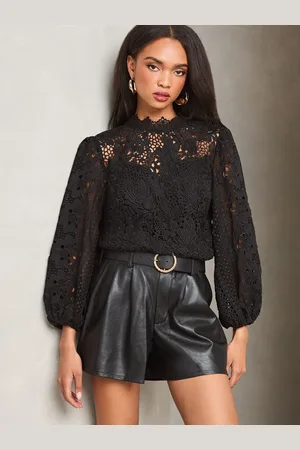 Lipsy London Black Lace High Neck Blouson Blouse AU 8
