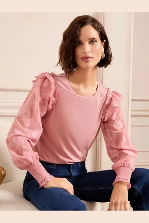 Love & Roses Blush Pink Floral Woven Sleeve Jersey Blouse AU 18