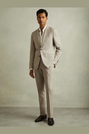 Reiss Oatmeal Elliot Checked Side Adjuster Trousers in Wool-Linen 32