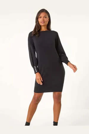 Roman Button Detail Slash Neck Knitted Stretch Jumper Dress AU 20