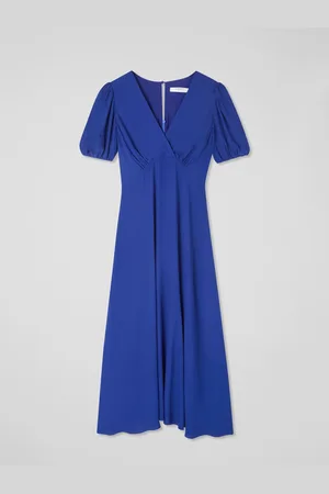 LK Bennett Hermia Mazarine Viscose Petal Sleeve V-Neck Flared Dress AU 16