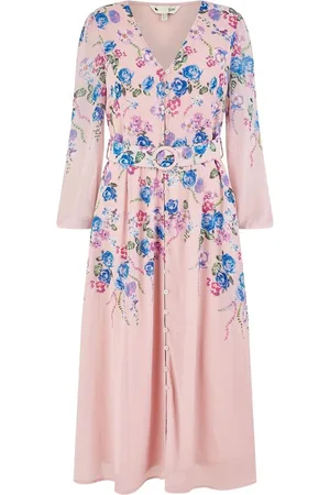 Yumi Floral Placement Button Down Midi Dress With Long Sleeves AU 10