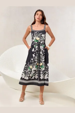 Lipsy London Petite Floral Placement Print Square Neck Poplin Midi Dress AU 14