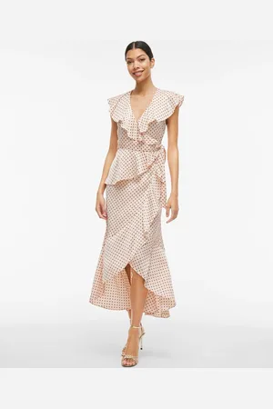 VILA Spot Print Satin Frill Wrap Ankle Dress AU 12