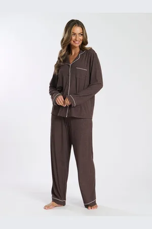 Loungeable Brown Soft Jersey Ribbed Button Through Long Chocolate Pyjamas S