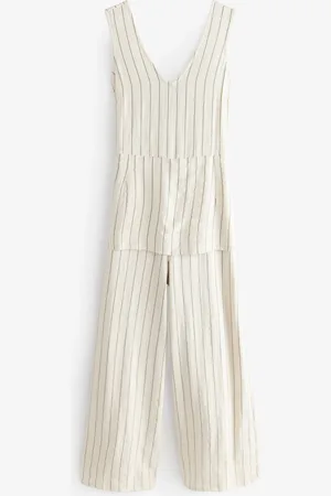 Next Neutral Stripe Tie Waist V-Neck Jumpsuit AU 26