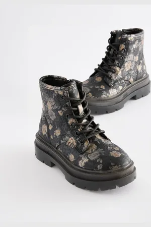 Next Black Floral Lace Up Chunky Ankle Boots US 4 (UK 3)