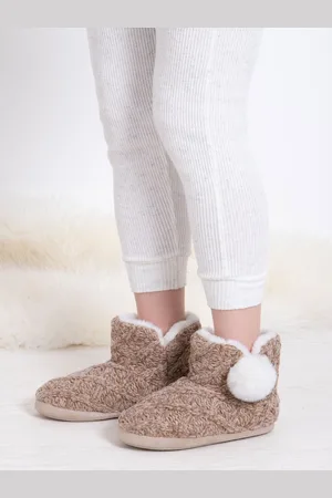 Totes Brown Ladies Cable Knit Boot Slippers with Pom Pom AU 5.5 (EU 36)