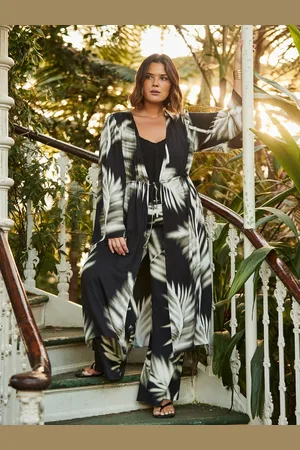 Live Unlimited London Black Leaf Print Longline Drawstring Kimono AU 18