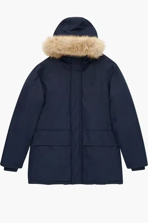 French Connection Blue Faux Fur Trim Long Length Parka Coat M