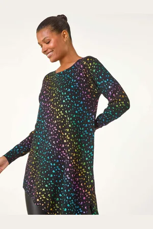 Roman Black Asymmetrical Foil Print Tunic AU 12