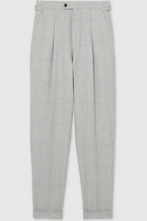 Reiss Soft Grey Melange Tecnic Wool-Linen Check Tapered Trousers 32