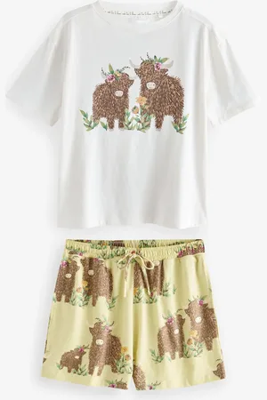 Next Cream/Green Hamish the Highland Cow 100% Cotton Short Sleeve Pyjamas M Reg