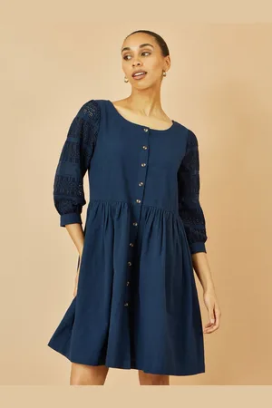 Yumi Blue 100% Cotton Tunic With Broderie Anglaise Puff Sleeves AU 16