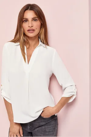 Lipsy London White V-Neck 3/4 Sleeve Collared Blouse AU 12