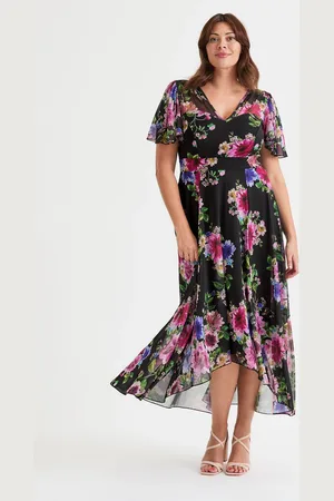Scarlett & Jo Tilly Wine Rose Print Angel Sleeve Sweetheart Dress AU 22