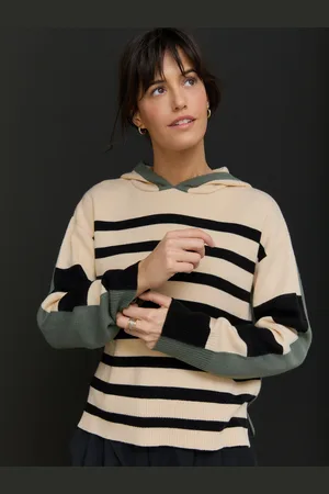 Next Neutral Black Stripe Cosy Soft Touch Knitted Jumper Hoodie M Reg