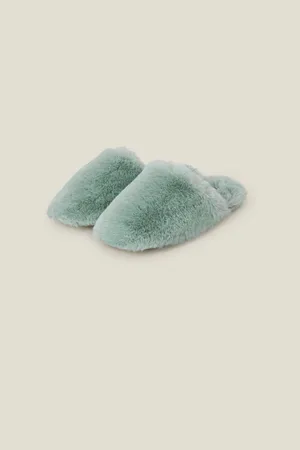 Accessorize Green Luxe Faux Fur Mule Slippers S