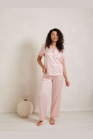 Chelsea Peers Pink Satin Lace Trim Short Sleeve Long Pyjama Set AU 10