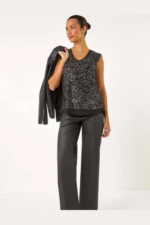 Roman Black Sequin V-Neck Tunic Stretch Top AU 18
