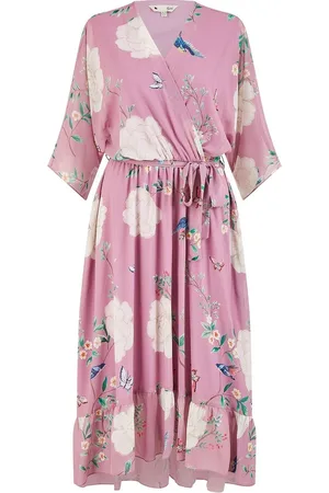Yumi Bird and Floral Print Midi Wrap Dress AU 14