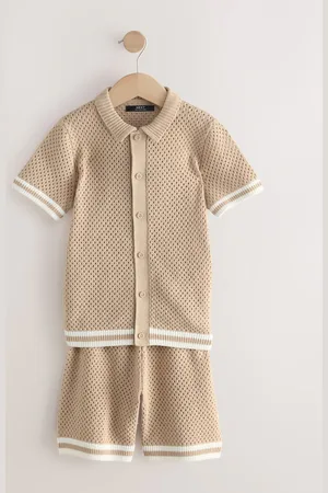 Next Neutral Textured Knitted Button Through Polo Shirt and Shorts Set (3-16yrs) 14 Years (164cm)