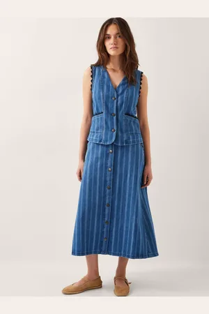 Monsoon Ottilie Stripe Denim 100% Cotton Midi Skirt XL