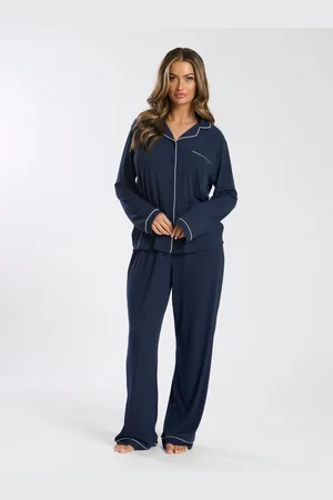 Loungeable Blue Soft Jersey Ribbed Button Through Long Chocolate Pyjamas XL