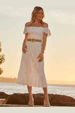 Sosandar Broderie Detail Belted Bardot 100% Cotton Dress AU 16