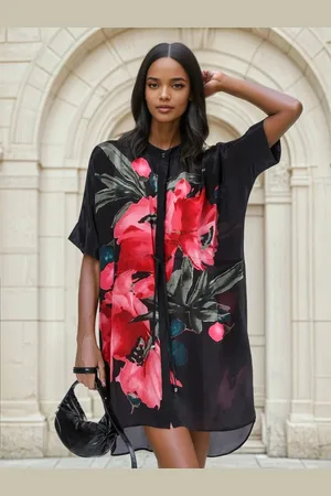 Religion Jade Tunic Dress With Large Pink Floral Placement Print AU 12