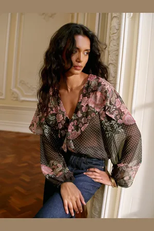 Lipsy London Black Floral Ruffle Blouse AU 14