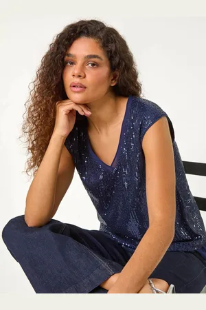 Roman Blue Sequin V-Neck Tunic Stretch Top AU 12
