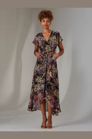 Jolie Moi Chiffon Print Frill Dip Hem Maxi Dress AU 16