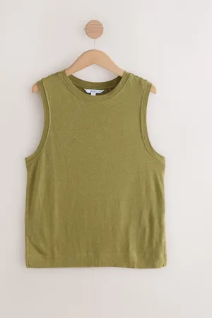 Next Khaki Green Linen Modal Soft Touch Sleeveless Crew Neck Tank Vest Top AU 24