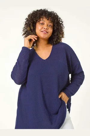 Roman Blue Curve Textured Knit V-Neck Tunic AU 18