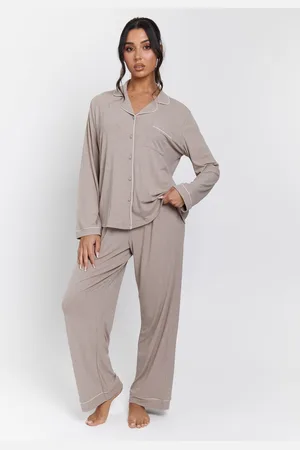Loungeable Brown Rib Long Sleeve Traditional Shirt and Long Pyjamas XL