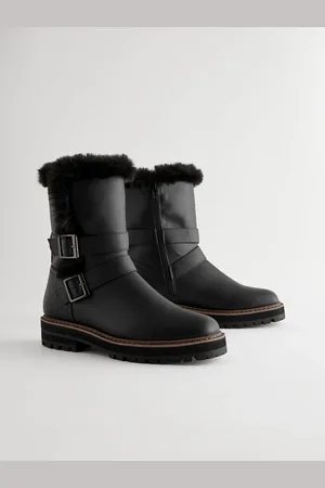 Next Black Forever Comfort Faux Fur Double Buckle Ankle Boots AU 8 W (EU 39)