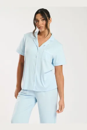 Loungeable Blue Super Soft Jersey Rib Traditional Short Sleeve Long Pyjamas Set M