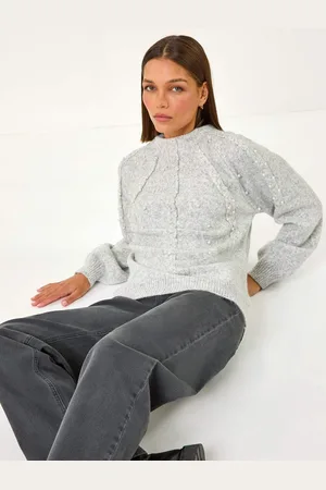 Roman Grey Pearl Embellished Cable Knit Jumper AU 16