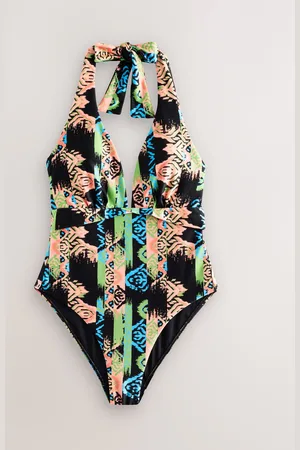 Never Fully Dressed Black Print Plunge Tummy Control Swimsuit AU 20