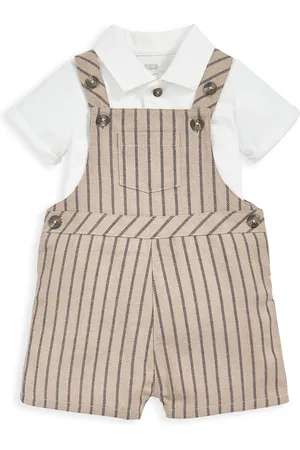 Mamas & Papas Collar 100% Cotton Brown T-Shirt & Stripe Dungaree Set 8692cm