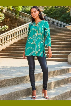 Sosandar Green Chain Print Lace Front Longline Tunic Top AU 10