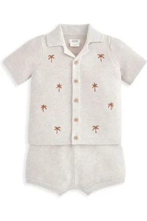 Mamas & Papas Palm Tree Embroidered 100% Cotton Shirt & Shorts Knit Set 2-3 Yrs
