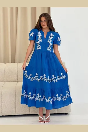 Girl in Mind Arina Puff Sleeve V-Neck 100% Cotton Midi Dress 12