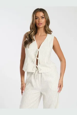 South Beach Cream Stripe Linen Blend Tie Front Waistcoat AU 16