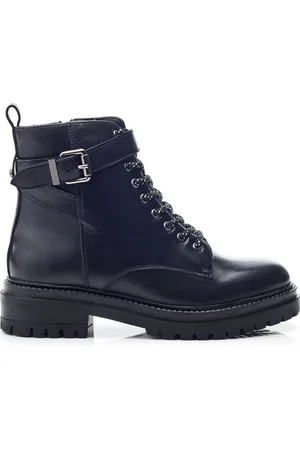 Moda In Pelle Omola Chunky Leather Ankle Black Boots With Lace up Front and Buckle Strap AU 8 (EU 39)