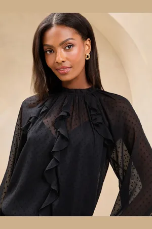 Lipsy London Black Ruffle Trim Dobby Fabric Blouse AU 14