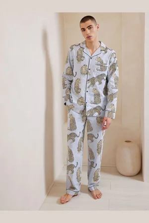 Chelsea Peers Blue Seersucker Cotton Leopard Stripe Print Long Pyjamas Set XXL